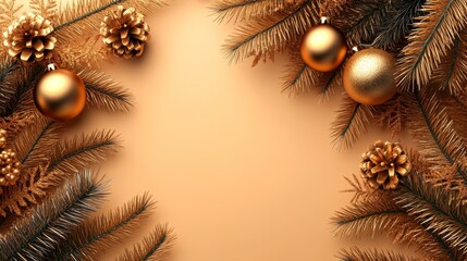 Golden Christmas balls, fir branches on festive background.