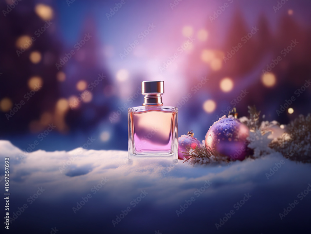 Poster a bottle of perfume rests in the snow with a blurred background of a winter scene and a christmas tr