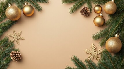 Christmas tree adorned with gold ornaments, pine cones, green needles.