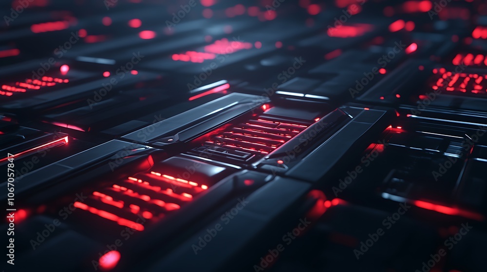 Aufkleber A futuristic close-up of dark circuitry illuminated by vibrant red lights, creating an immersive tech-inspired visual.