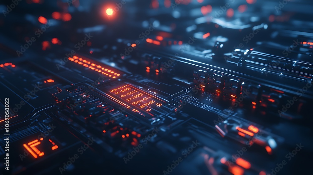 Poster A close-up view of a futuristic circuit board illuminated by vibrant blue and orange lights, showcasing intricate electronic pathways and components.