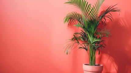 Obraz premium Green potted palm plant against a coral pink background