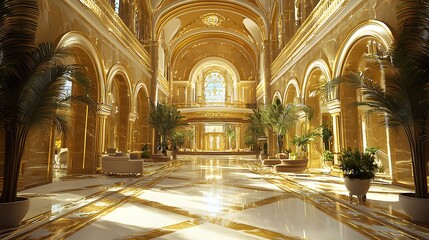 A Super Realistic 3D Hotel Lobby with Gold Accents and Grand Architectural Features