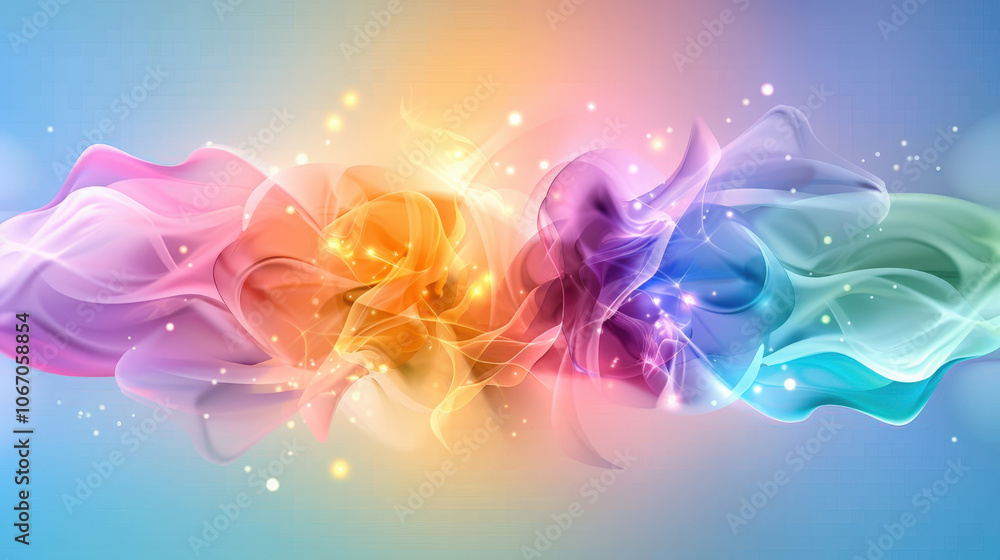 Poster vibrant abstract design featuring flowing wavy lines in harmonious blend of colors, creating sense o
