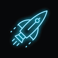 Blue neon rocket ship launching into space with smoke trail