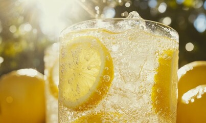 Fresh lemonade made with natural ingredients featuring yellow lemons in bubbly soda water against a sunny backdrop
