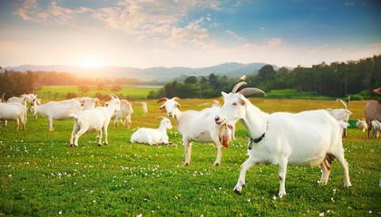 Fototapeta premium nature farm of goats, grass field background, Fresh and Relax concept. For montage product display or design key visual layout. View of copy space
