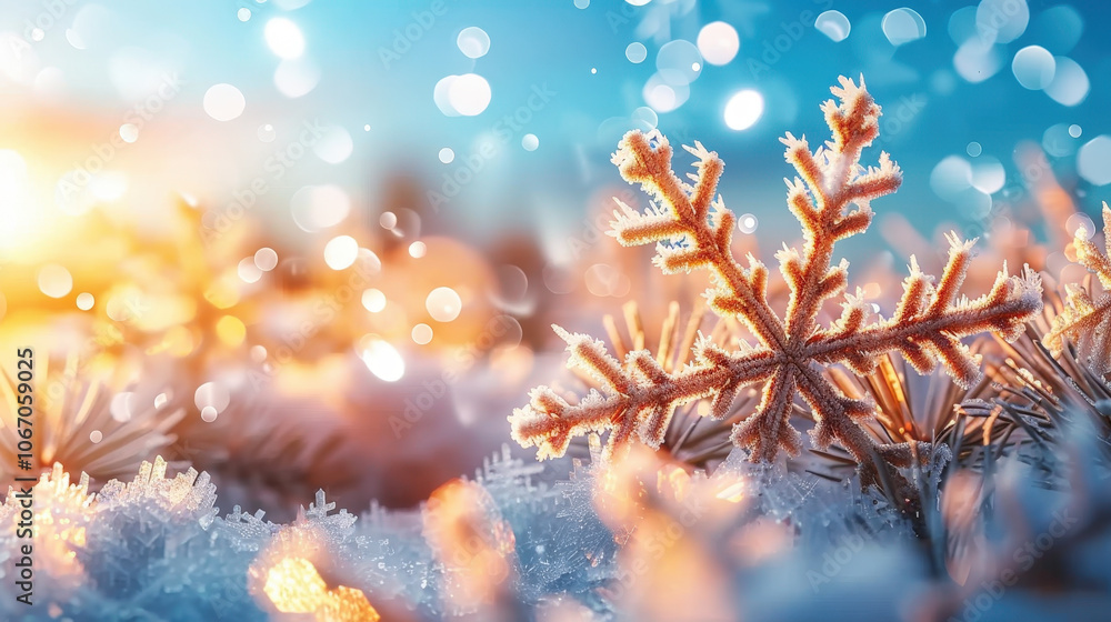 Aufkleber frosty patterns create magical winter scene with sparkling snowflakes and warm glow from sunlight. b