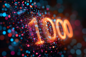 Connected digital particles forming a number "1000" concept of likes, followers or fans count