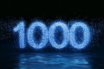 Connected digital particles forming a number "1000" concept of likes, followers or fans count