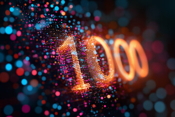 Connected digital particles forming a number "1000" concept of likes, followers or fans count