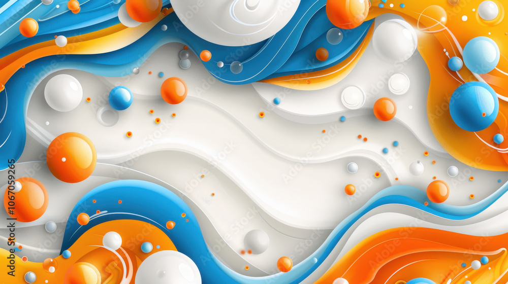 Poster colorful abstract layout featuring vibrant rounded forms and flowing waves in blue, orange, and whit