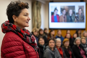 Obraz premium Woman leading a community meeting with a visual presentation