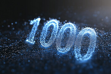 Connected digital particles forming a number "1000" concept of likes, followers or fans count