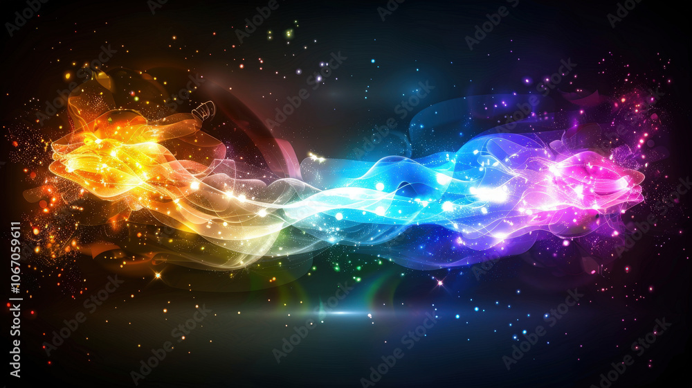 Poster vibrant abstract rainbow background with energetic wavy lines and sparkling stars creates dynamic vi