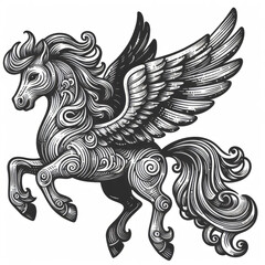 Obraz premium winged Pegasus, showcasing intricate lines and artistic design sketch engraving illustration. Black and white image.