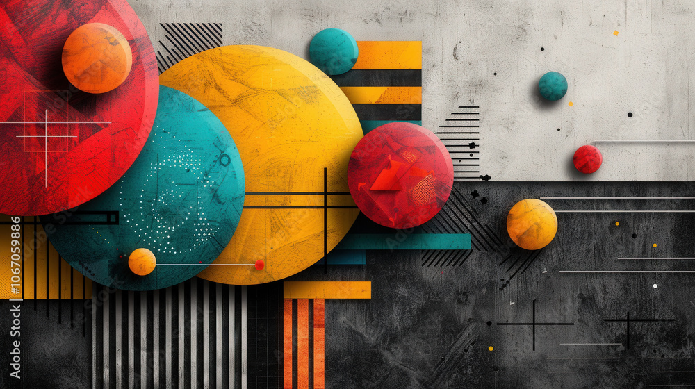 Poster modern artistic composition featuring vibrant rounded shapes in red, yellow, and turquoise against t
