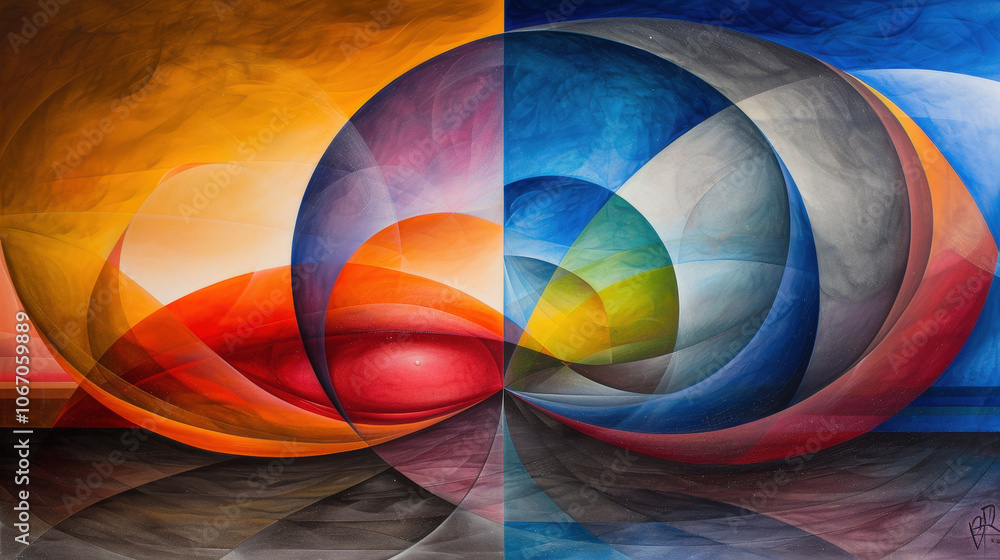 Poster vibrant abstract composition featuring rounded shapes and dynamic colors, blending warm and cool ton