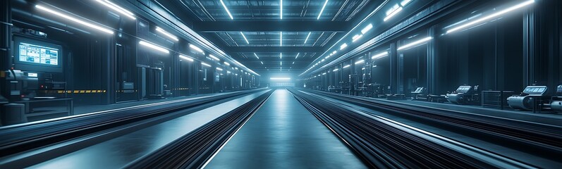 Obraz premium A sleek, futuristic warehouse illuminated by neon lights, featuring long conveyor belts and a high-tech atmosphere.