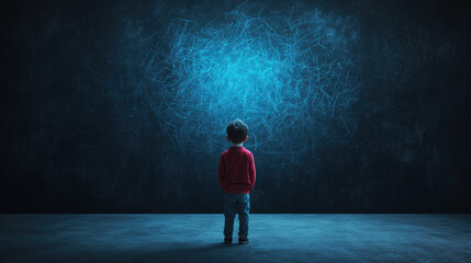 Fototapeta premium child stands in front of dark wall, gazing at swirling blue light pattern, evoking curiosity and wonder. scene captures essence of imagination and exploration