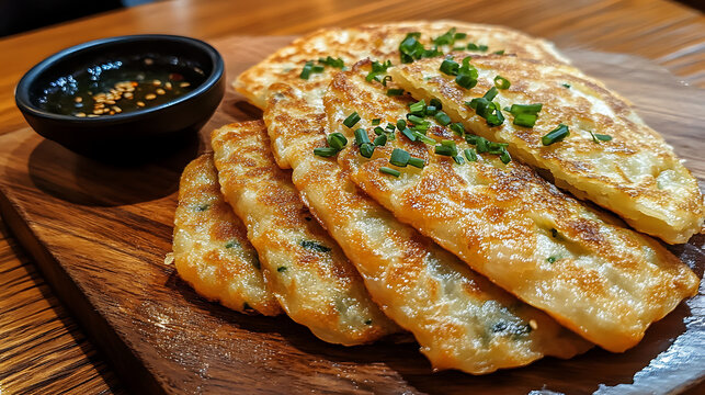 접시에 맛있게 담긴 빈대떡과 찍어먹는 소스2
