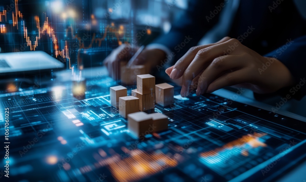Poster hands analyzing data and growth with wooden blocks in a digital workspace