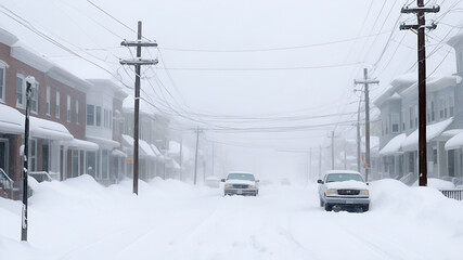 Fototapeta premium The streets of a major city under a thick layer of heavy snow. Power lines sag under the weight of the snow, while traffic is barely moving