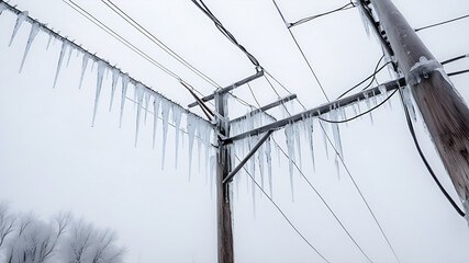 A power line coated in thick ice after a winter storm, with icicles hanging off the wires. The weight of the ice causes the line to drop dangerously, threatening blackouts for the nearby homes