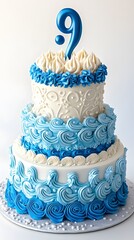 9th Birthday Cake, Blue, White Background, Abstract Image, Texture, Pattern Background, Wallpaper, Cover and Screen for Smartphone, PC, Laptop, 9:16 and 16:9 Format
