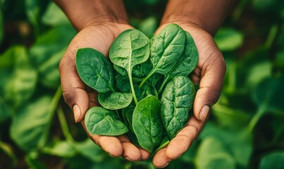 Obraz premium Hands holding fresh green spinach in a vibrant field