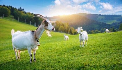 Obraz premium nature farm of goats, grass field background, Fresh and Relax concept. For montage product display or design key visual layout. View of copy space