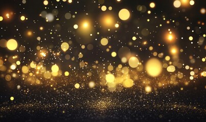 Golden bokeh lights shimmering in the dark for a magical holiday backdrop