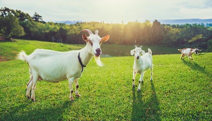 Fototapeta premium nature farm of goats, grass field background, Fresh and Relax concept. For montage product display or design key visual layout. View of copy space
