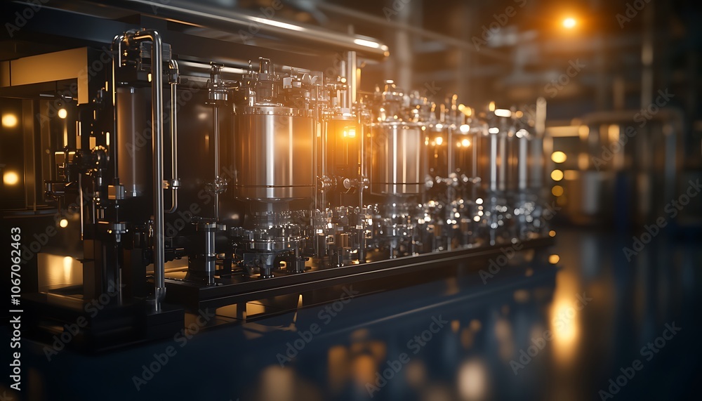 Poster a modern industrial setting showcasing sleek metallic machinery and illuminated tanks, emphasizing a