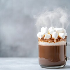 A cozy mug of hot chocolate topped with fluffy marshmallows and steam on a chilly day