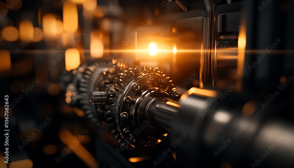 Poster A detailed view of a mechanical gear assembly, illuminated by a warm glow, highlighting the intricate design and precision engineering of machinery.