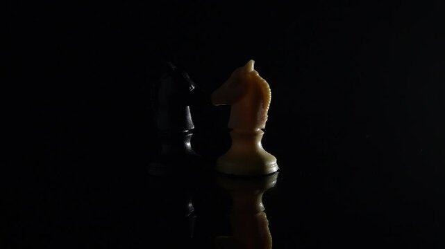 Black and white horse figures of chess confronted