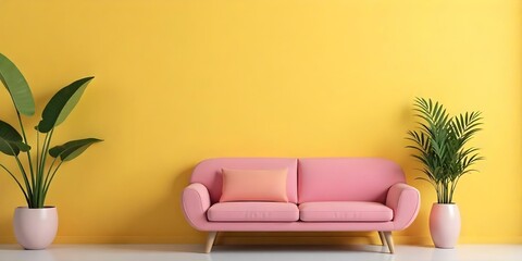 A pink sofa in front of a yellow wall with a potted plant