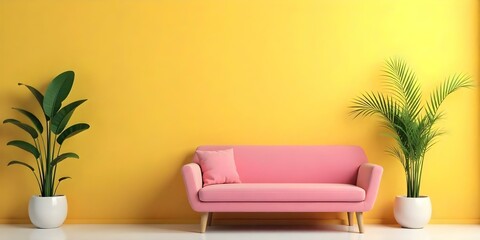 A pink sofa in front of a yellow wall with a potted plant