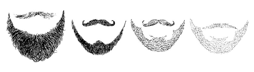 Vector collection of masculine beards and mustaches in black and white. Hand-drawn outlines show a range of facial hair styles, from rugged stubble to handlebar. For grooming or barbershop themes