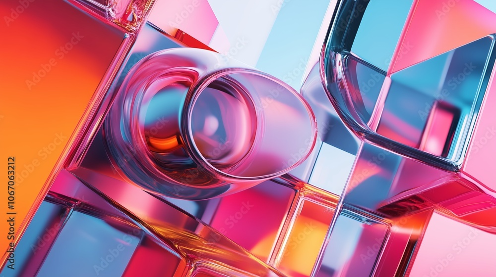 Poster abstract glass shapes interact with vibrant colors in a modern artistic display, creating a playful 