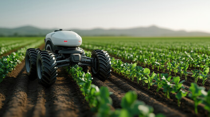 Smart farming tractor poised for action in a vibrant crop field under clear skies