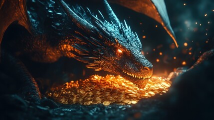 Fototapeta premium Majestic Dragon Guarding Glittering Treasure Hoard