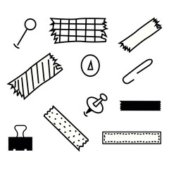 Hand-Drawn Office Supplies Set: Paper Clip, Pin, Thumbtack, Binder Clip, and Tape