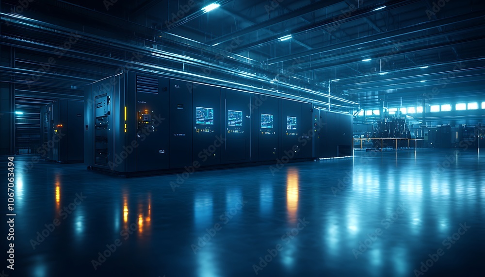 Poster a dimly lit, high-tech warehouse with illuminated servers and a reflective floor, creating a modern 