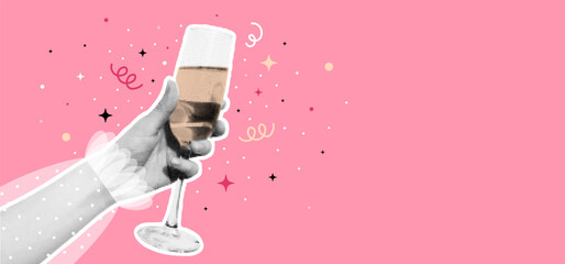 Merry Christmas, Happy New Year. Halftone effect. Trendy. 90s. Vintage style. Woman hand with a glass of champagne, stars and dots. Horizontal banner. Vector illustration on pink background.