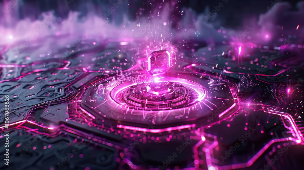 Poster vibrant digital concept featuring hexagonal structure with glowing pink elements and sparkling effec