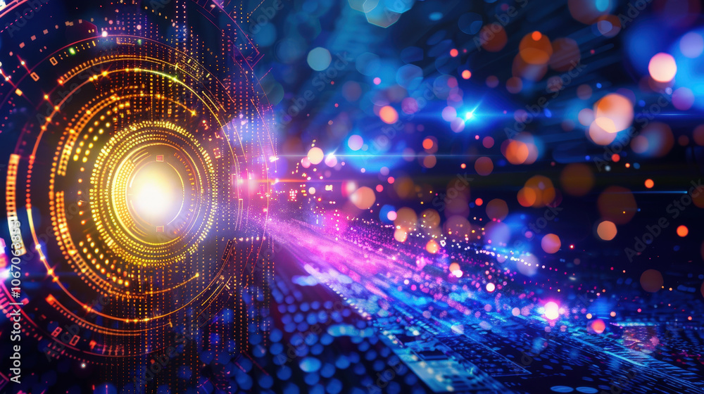 Poster digital concept featuring vibrant hexagonal patterns and glowing lights, creating sense of motion an
