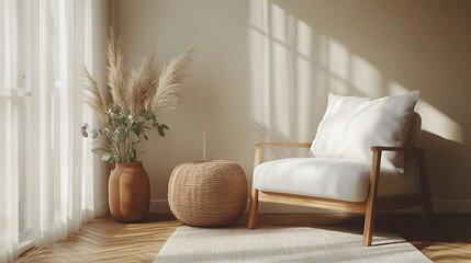 Scandinavian living room with a grey armchair, white cushions, wooden side table, pampas grass, eucalyptus branches, and woven pouf, illuminated by natural daylight in a neutral palette.
