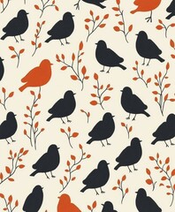 Birds and leaves pattern on white background, nature-inspired design